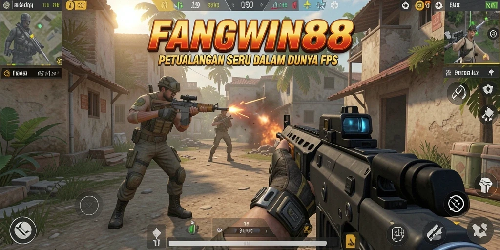 Screenshot gameplay <strong>FANGWIN88</strong> menunjukkan aksi menembak yang intens.