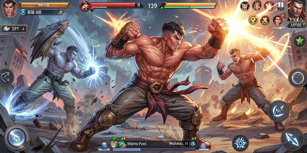 Screenshot menunjukkan karakter bertarung dengan serangan spektakuler.
