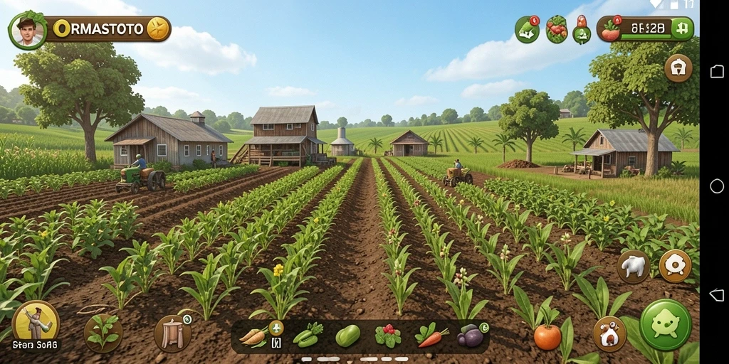 Tampilan screenshot gameplay ORMASTOTO yang menampilkan ladang subur dan aktivitas bertani.