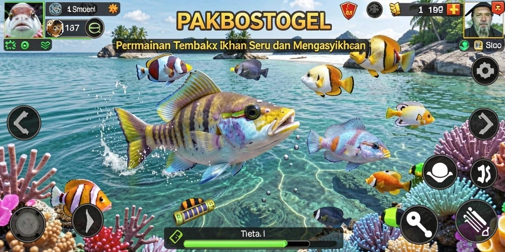 Tampilan gameplay PAKBOSTOGEL yang menarik dalam menangkap ikan.