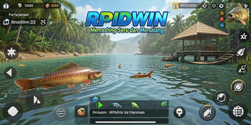 Tampilan utama screenshot RPIDWIN menunjukkan petualangan memancing yang seru.